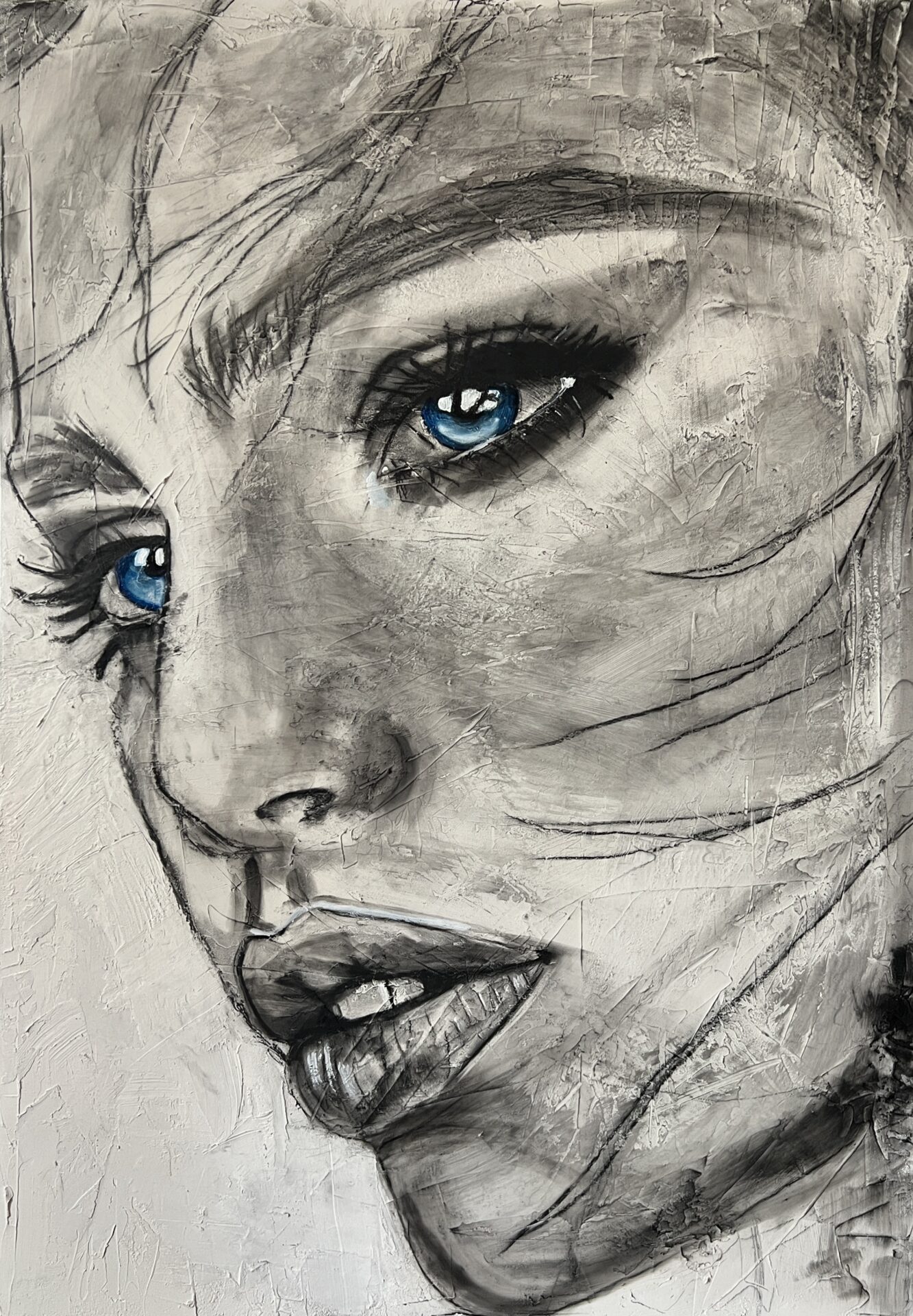 Woman pencil art with blue lens